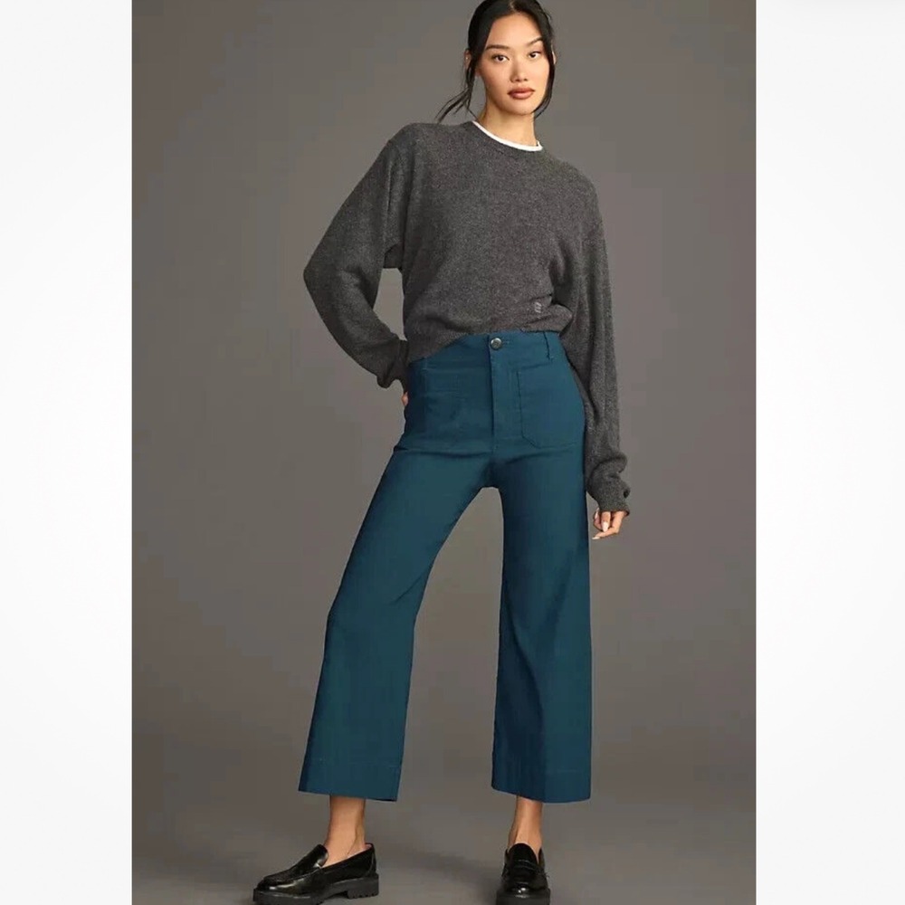 Anthropologie Maeve Colette Wide Leg Pants Dark Turquoise Blue Linen Blend 28